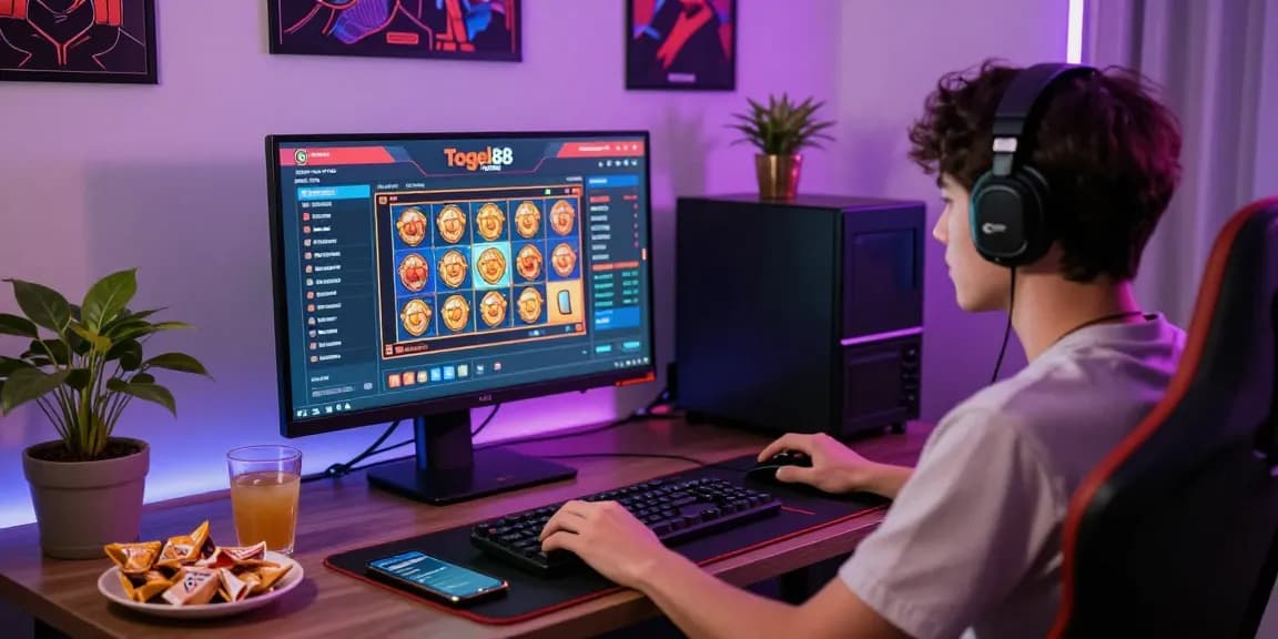 Engaged player enjoying Togel88 Online with live lottery results on screen, vibrant gaming setup.