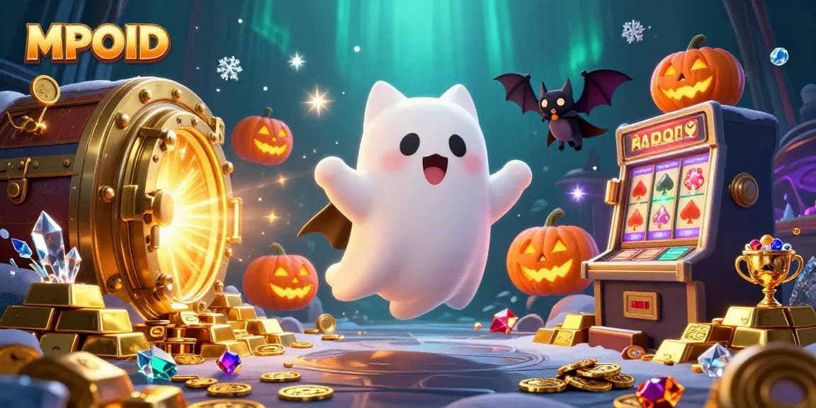 Play and win at MPOID with our vibrant haunted casino scene featuring a friendly ghost cat and treasures.