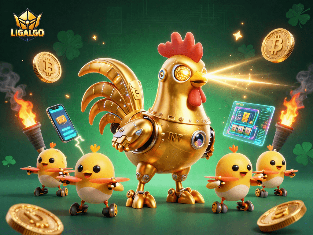 LIGALGO showcases a golden rooster robot amidst Bitcoin and Ethereum coins, engaging gamblers in an electrifying casino scene.