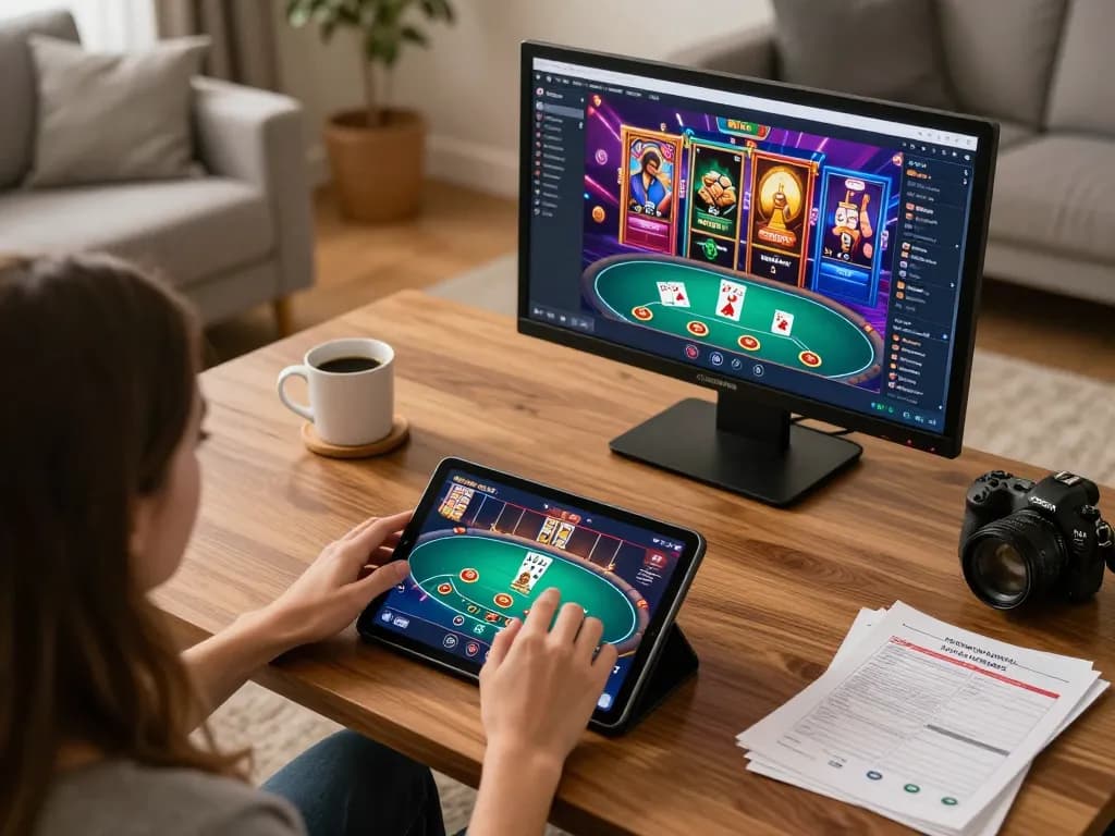 Engaged player exploring 79kingvnc online casino games in a cozy home setup