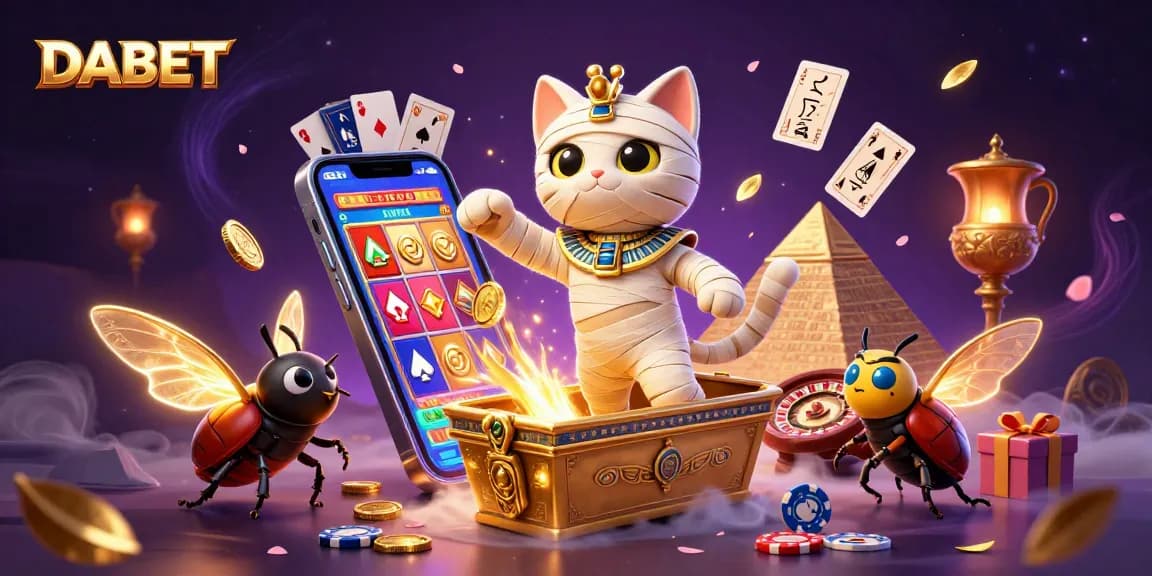 DABET launches a thrilling casino adventure with a mummy cat, glowing scarab, and magical playing cards.
