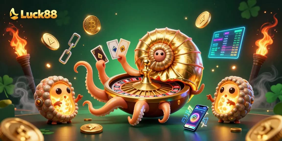 Win big with Luck88, featuring vibrant characters and crypto elements in an energetic casino scene.