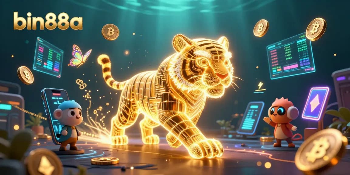 Play at bin88a with a vibrant 3D casino scene showcasing a golden tiger and digital elements.