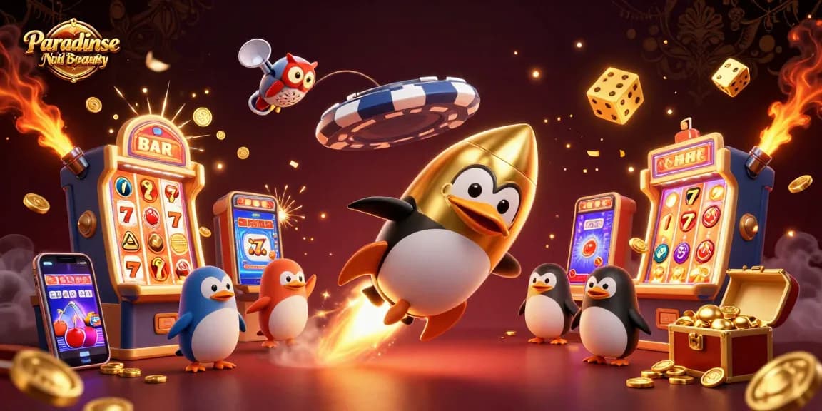 Experience the thrill of Paradise Nail Beauty with a vibrant 3D scene of a golden penguin in a casino adventure.