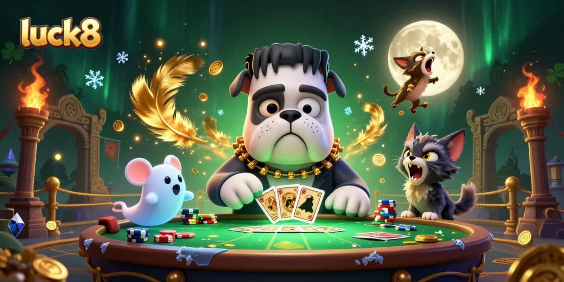 Luck8 brings excitement as a Frankenstein bulldog deals cards at a spooky casino table, with vibrant elements.