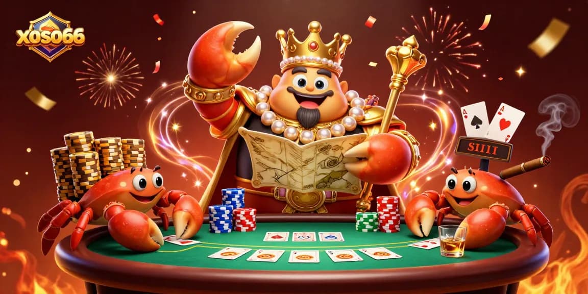 xoso66 showcases a 3D cartoon golden crab emperor presiding over a vibrant casino scene with poker elements.