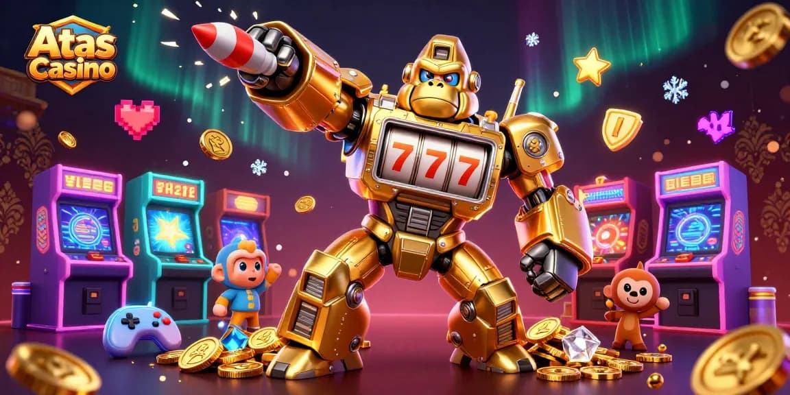 Atas Casino gaming experience illustrated through a vibrant 3D scene with exciting elements.