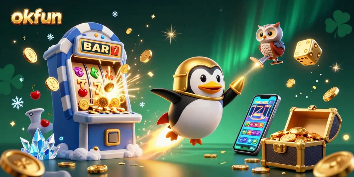 Win big at okfun with this dynamic casino scene featuring a golden rocket penguin and slot machine.