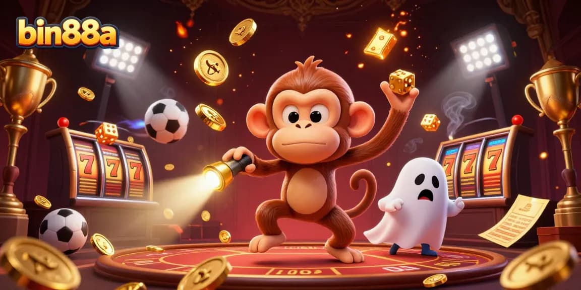 Experience bin88a in a haunted casino with a poltergeist monkey and ghost-hunter puppy, surrounded by golden game elements.