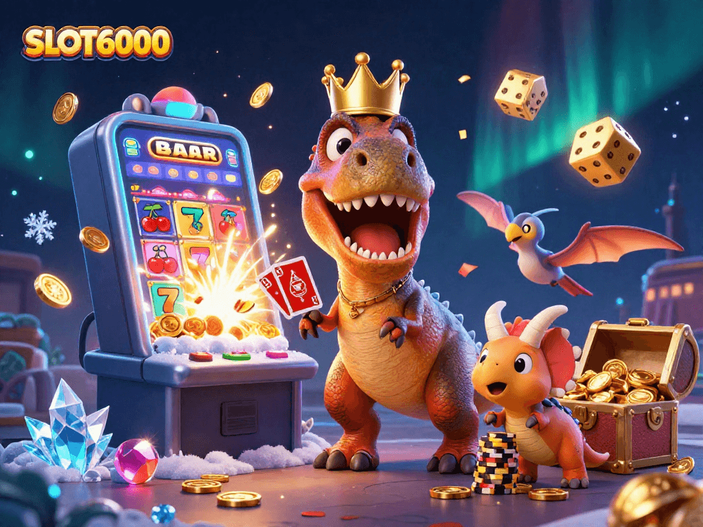 SLOT6000 offers a vibrant scene where a friendly T-Rex and friends enjoy massive slot victories amid striking casino visuals.