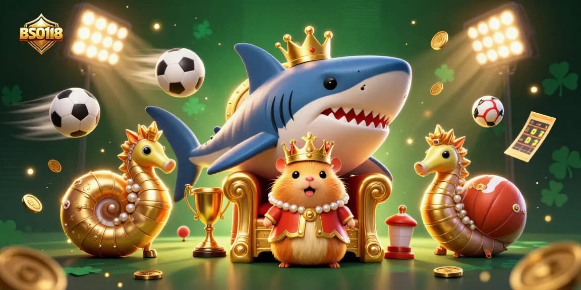 Engage in thrilling gaming at BSO118 with a fierce golden hamster king on his shark throne.