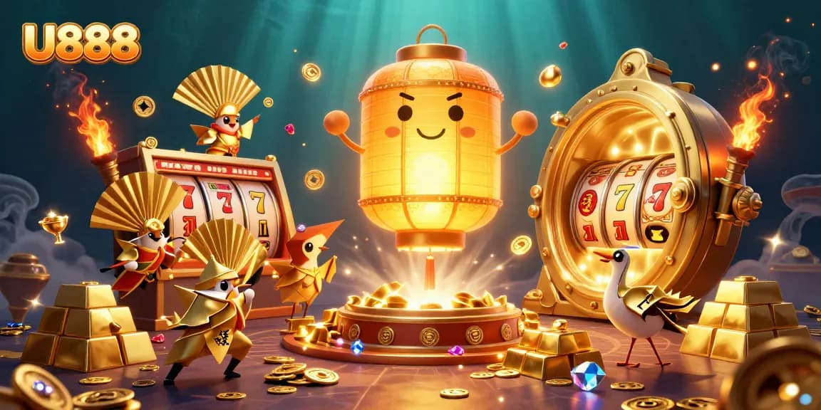 Play at U888 and win with vibrant casino action, featuring golden lantern spirits and treasures.