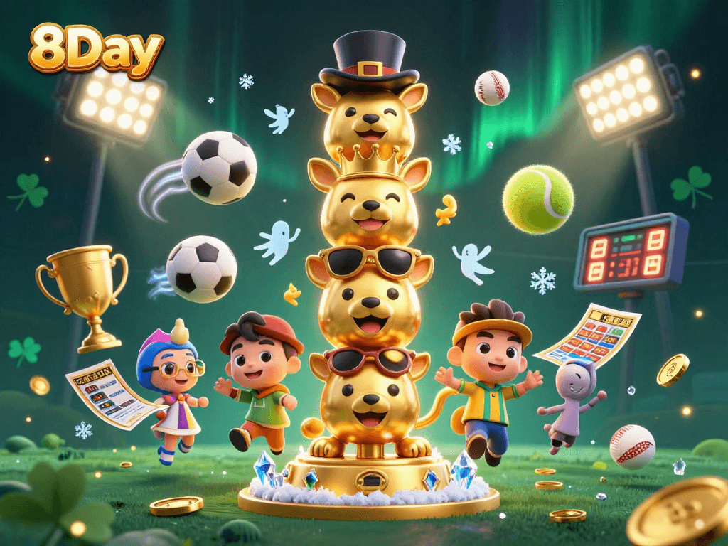 Experience thrilling gaming at 8Day with vibrant 3D casino elements and dynamic motion.