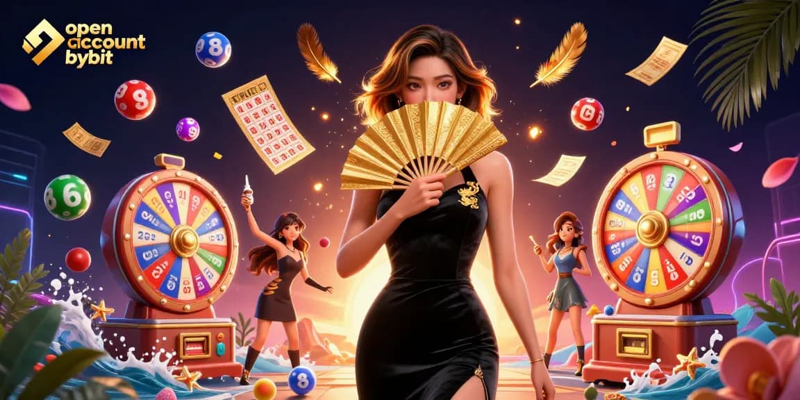 Open account bybit with a vibrant casino-themed 3D illustration featuring lottery elements.