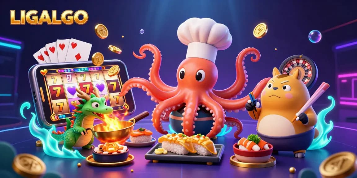 LIGALGO slots action with a sushi chef octopus, dragon, and tanuki in a vibrant casino scene.