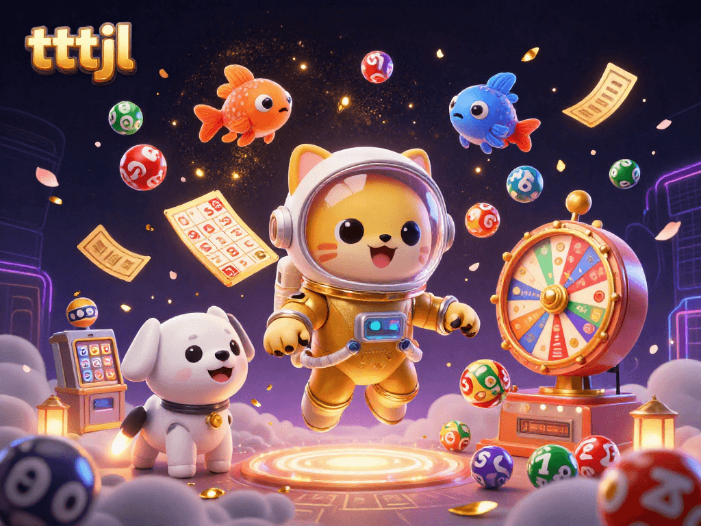 tttjl casino excitement portrayed by a 3D astronaut cat winning with colorful lottery elements.