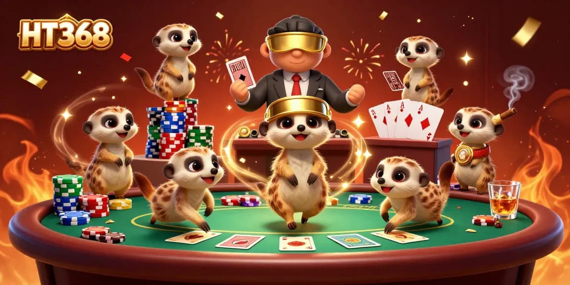 HT368 meerkats running a bustling casino with vibrant poker elements and celebratory effects.