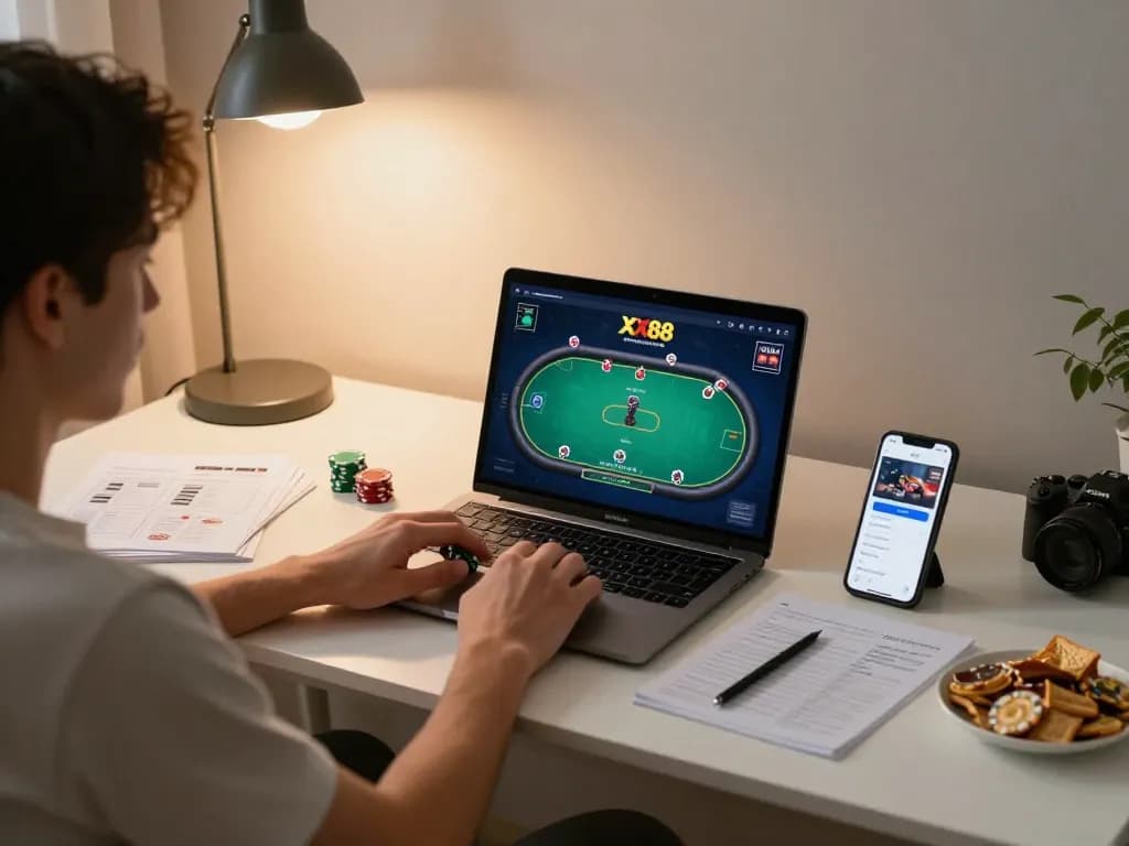 Engaging gameplay scene on XX88 app showcasing an online poker game in a cozy home setting.