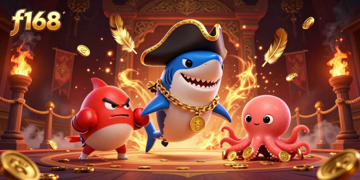 Experience thrilling gameplay with f168 as a cartoon shark, pufferfish, and octopus in vibrant casino style.