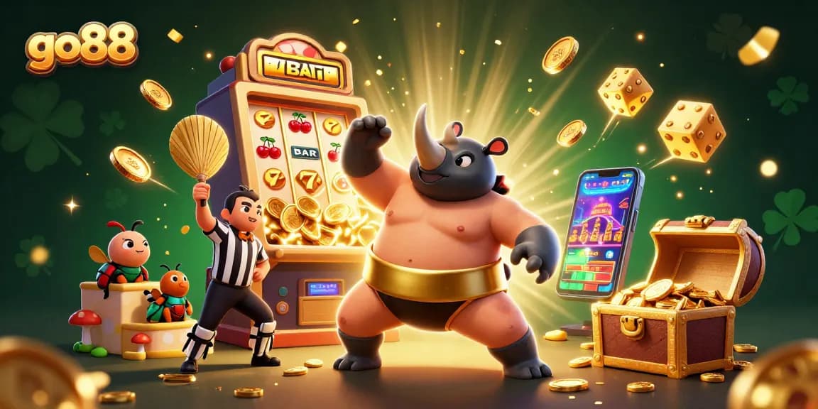 Engage with go88's vibrant casino theme featuring animated rhinoceros beetles and dynamic gaming elements.