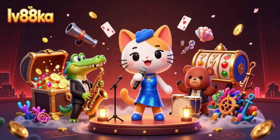 Join the casino vibe with lv88ka’s lively 3D illustration, featuring a jazz-singer cat and friends.