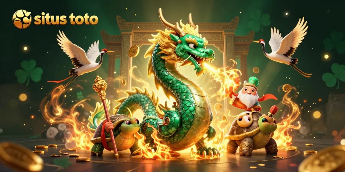 Engage with situs toto's vibrant 3D illustration featuring a jade dragon, turtle sage, and lucky cranes.