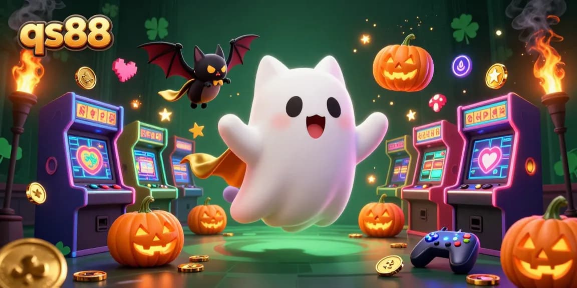 qs88 brings excitement alive with a ghost cat and glowing jack-o-lanterns in a haunted casino scene.