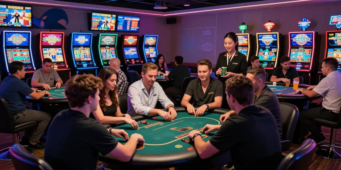 Exciting gaming lounge featuring players engaged in games at XX88, showcasing vibrant gaming atmosphere and energetic interactions.