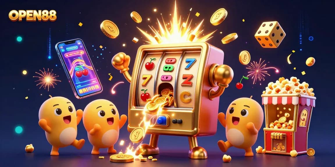 OPEN88 jackpots explode with coins from a golden slot machine, amid cheering baby slots and a popcorn machine.