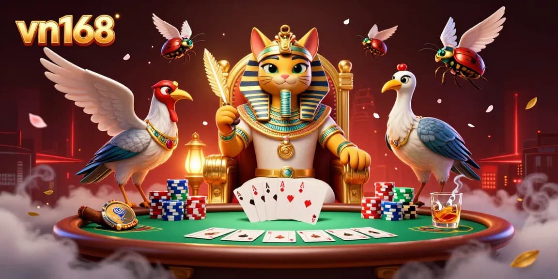 Join the thrilling action at vn168, where the 3D animated cat pharaoh oversees a poker game filled with excitement.