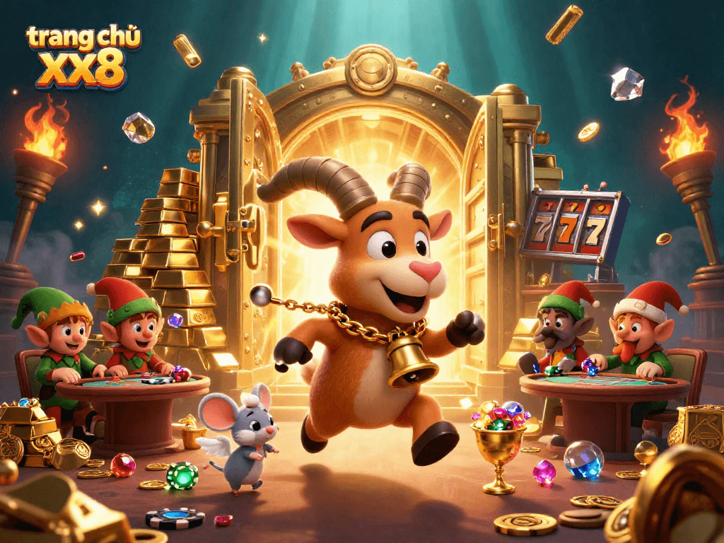 Experience excitement with trang chủ xx8 in a vibrant 3D casino scene featuring festive characters and thrilling games.