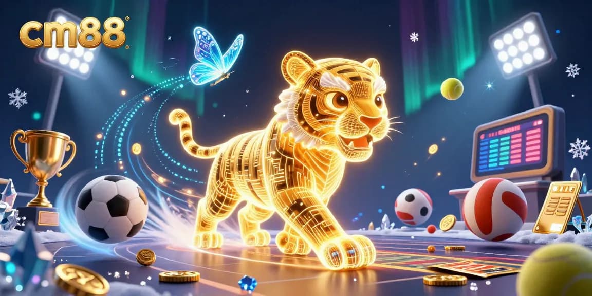 Experience thrilling bets at CM88 with a dynamic digital casino scene featuring vibrant golden tiger and sports elements.