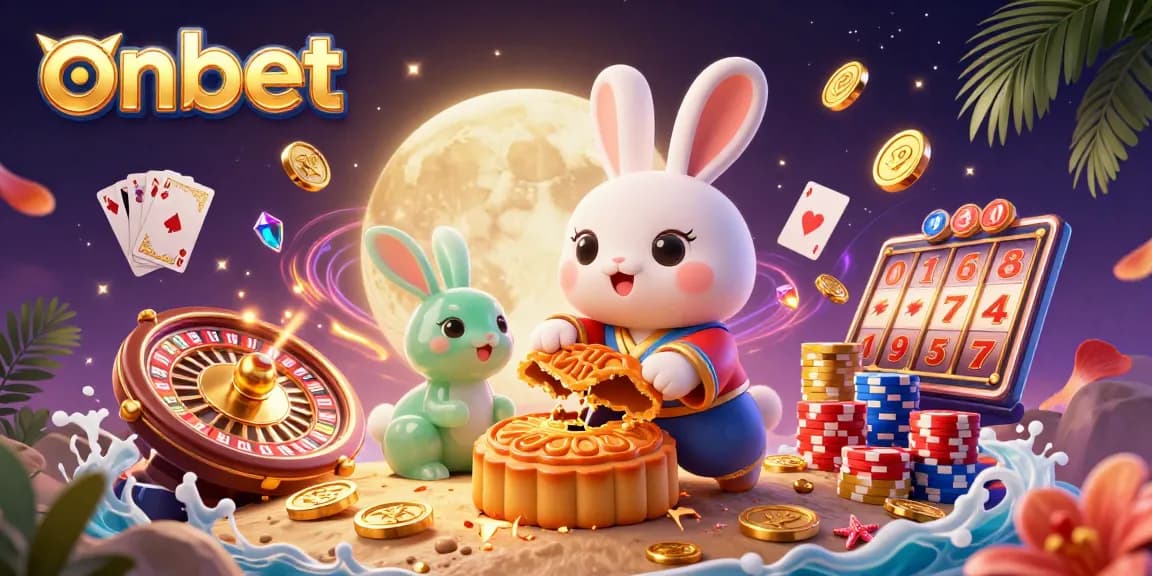 Experience thrilling games at onbet with a lively scene featuring a moon rabbit and golden coins.