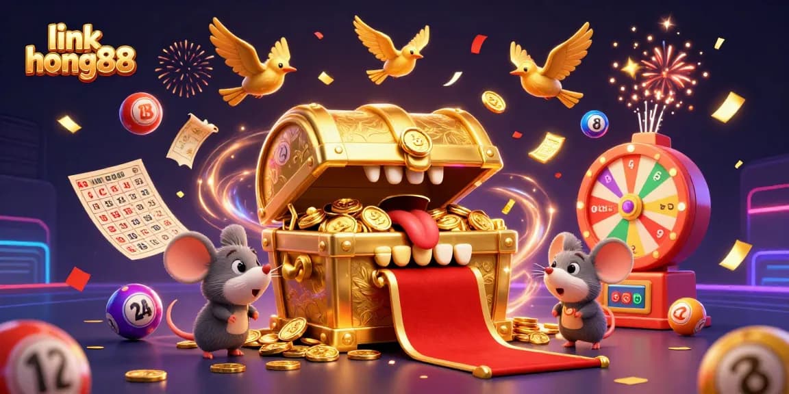 Engage with the exciting link hong88 through vibrant lottery elements and gold treasures in this dynamic scene.