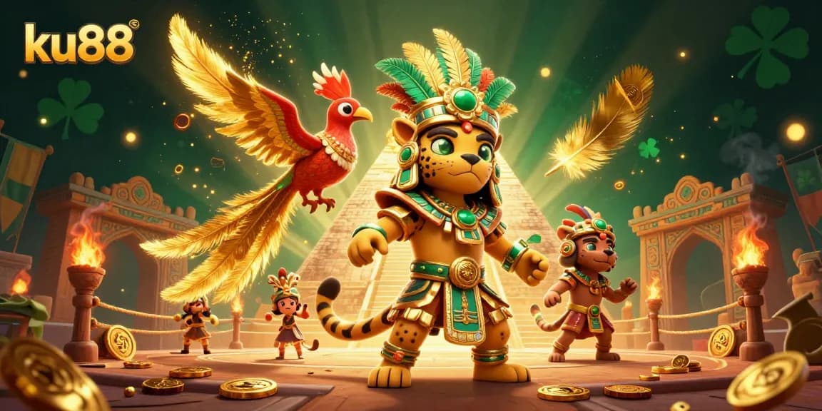 ku88 showcases a vibrant casino scene with a Mayan jaguar priest, glowing characters, and ancient elements.