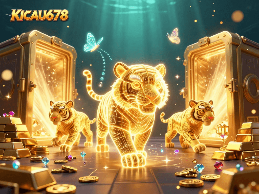KICAU678 offers an exciting online platform filled with vibrant gambling experiences, showcasing a neon tiger amidst a dazzling casino.