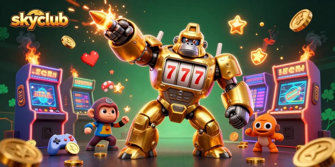 Experience thrilling gameplay at skyclub with a golden gorilla mech bursting with coins.