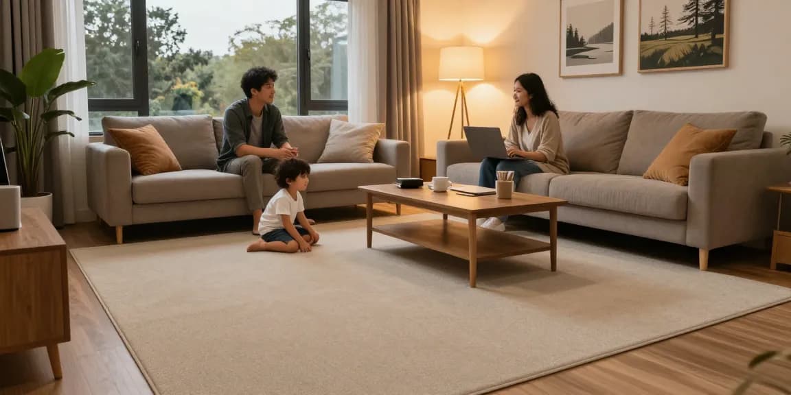 Explore the comfort and style of the best acoustic flooring for UK homes in a modern living room setting, with family enjoying peaceful moments together.