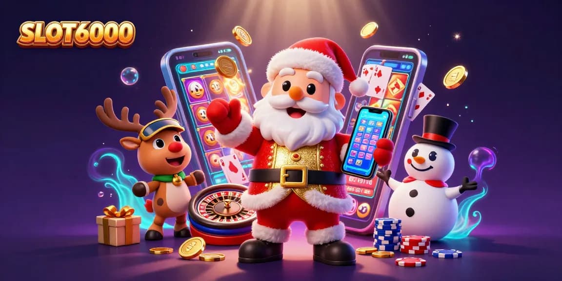 SLOT6000 delivers excitement with Santa and friends enjoying vibrant slot gaming in a festive scene.