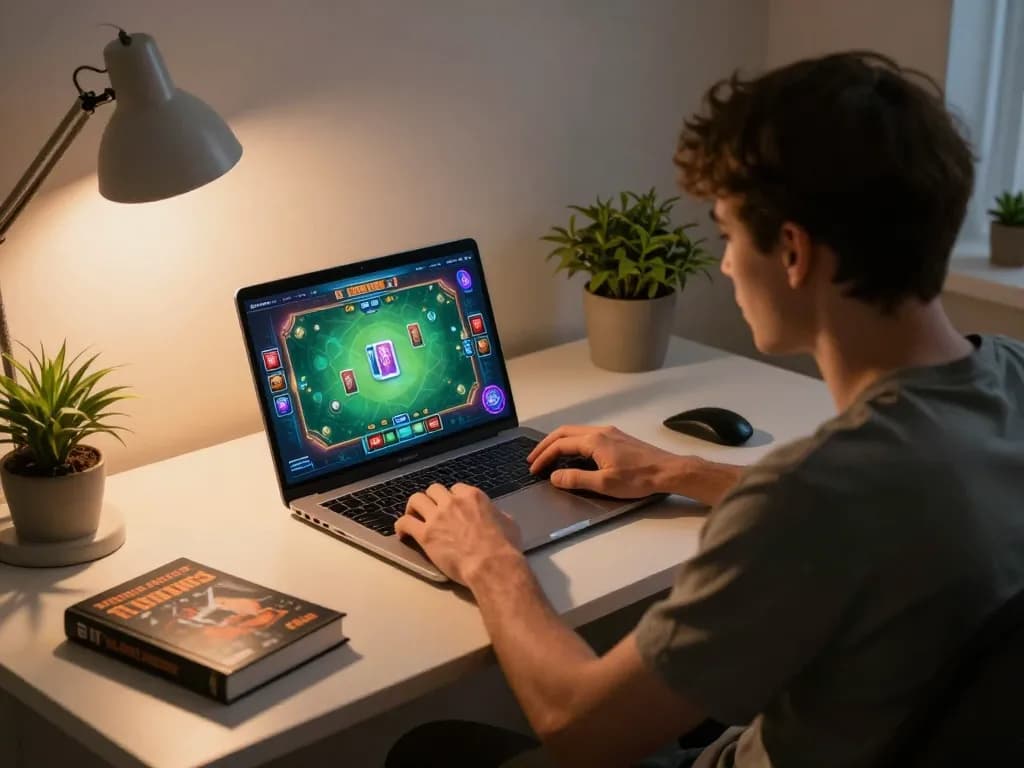 Player immersed in a game online, showcasing strategy and engagement in a cozy home setup