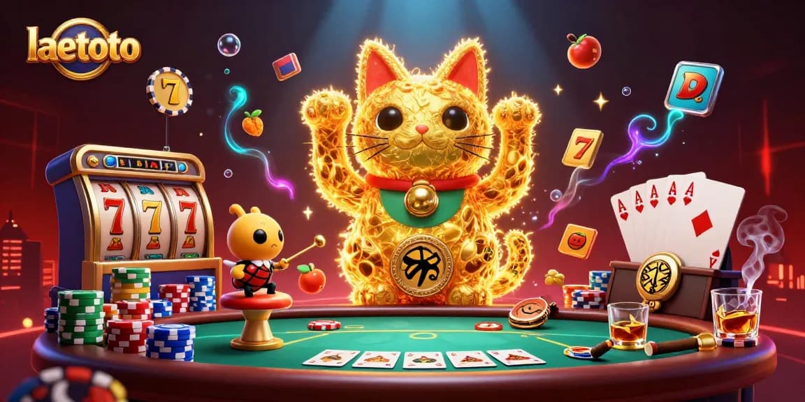 Win at laetoto with a vibrant lucky cat surrounded by slots, poker, and colorful casino symbols.