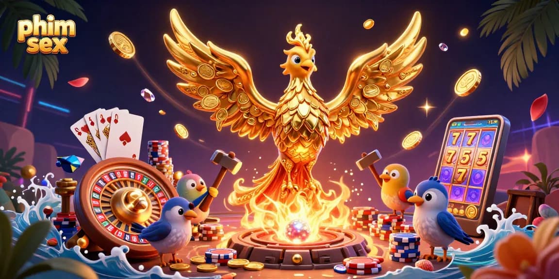 Engage with phim sex through thrilling 3D casino adventures featuring a golden phoenix and slot machine reels.