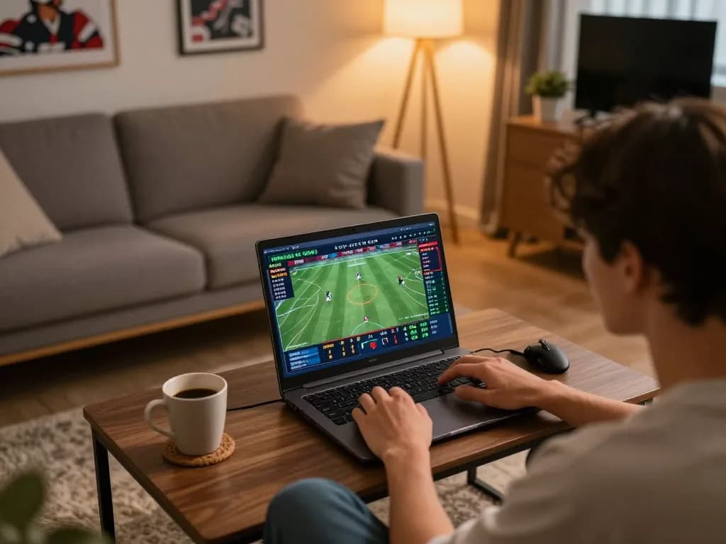 Engaging in online sports betting with Fun88 on a laptop in a cozy home setting.