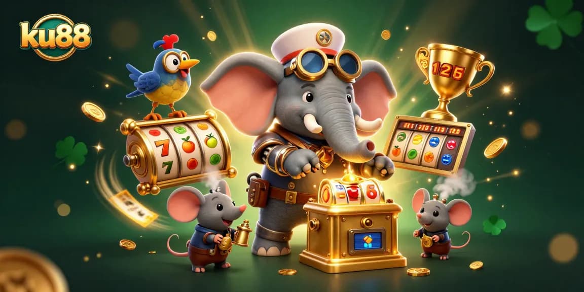 Experience the thrill of ku88 with an engaging steampunk casino scene featuring slot machines and dynamic elements.
