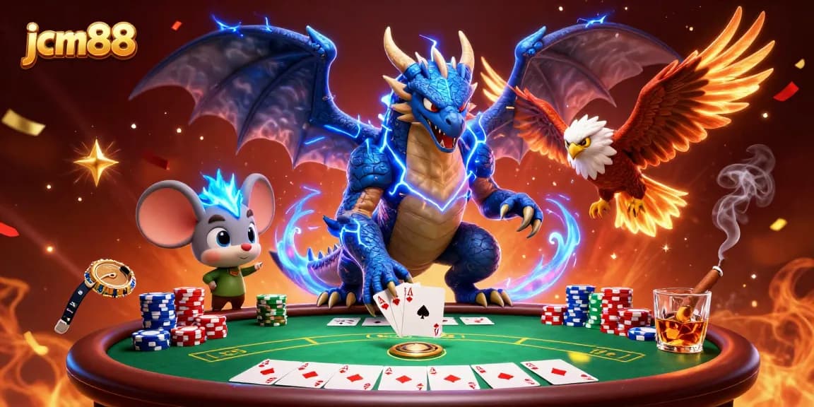 Engage with jcm88 through thrilling poker action amidst a vibrant 3D casino scene.