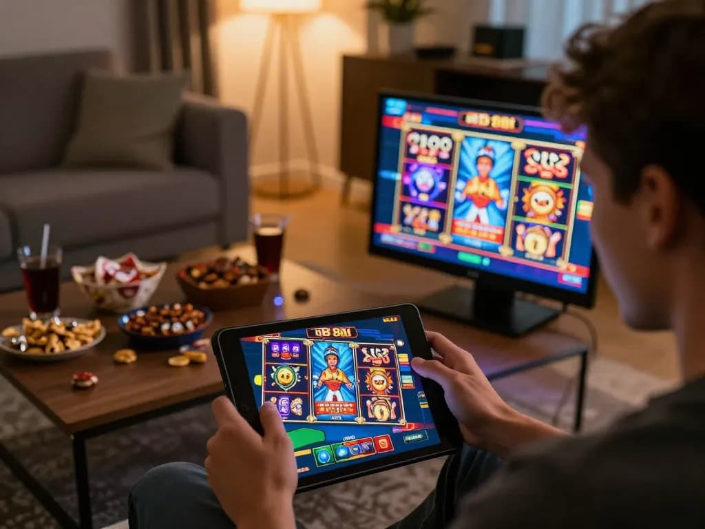 Playing exciting slot88 games on a tablet in a cozy living room atmosphere.