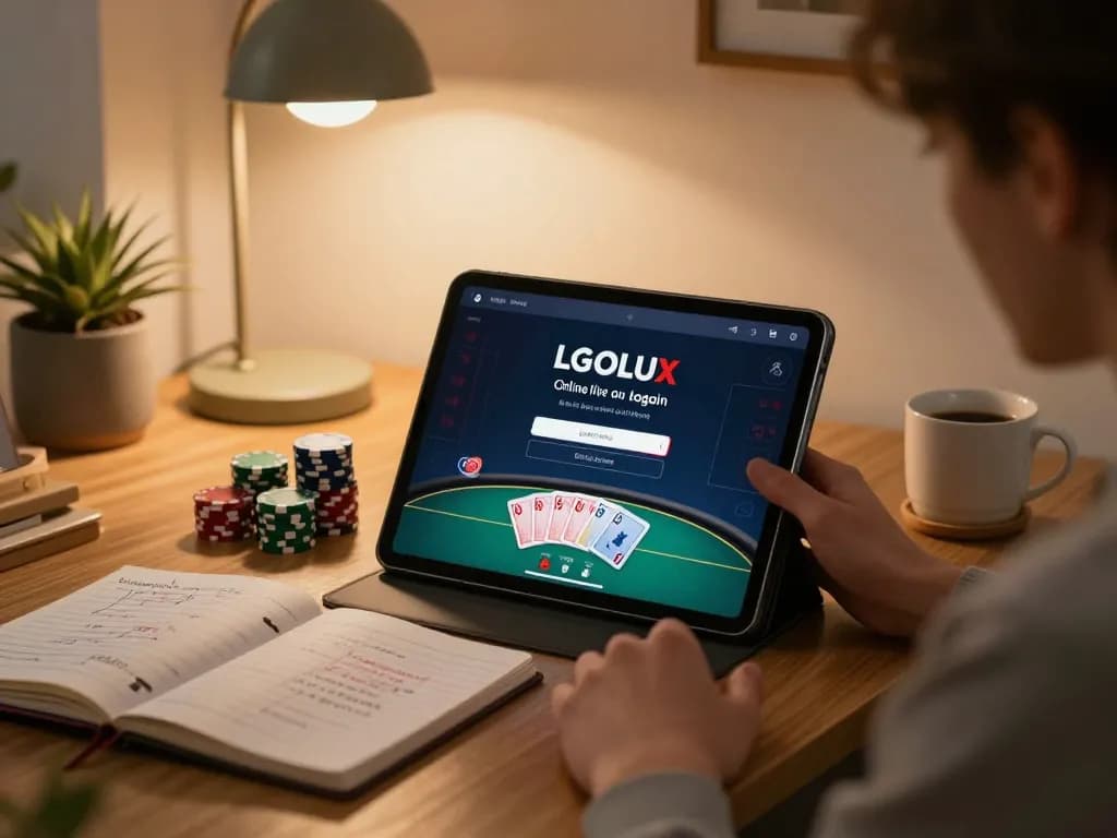 LGOLUX LOGIN interface displayed on a tablet during a casual home poker game, showcasing strategic play.