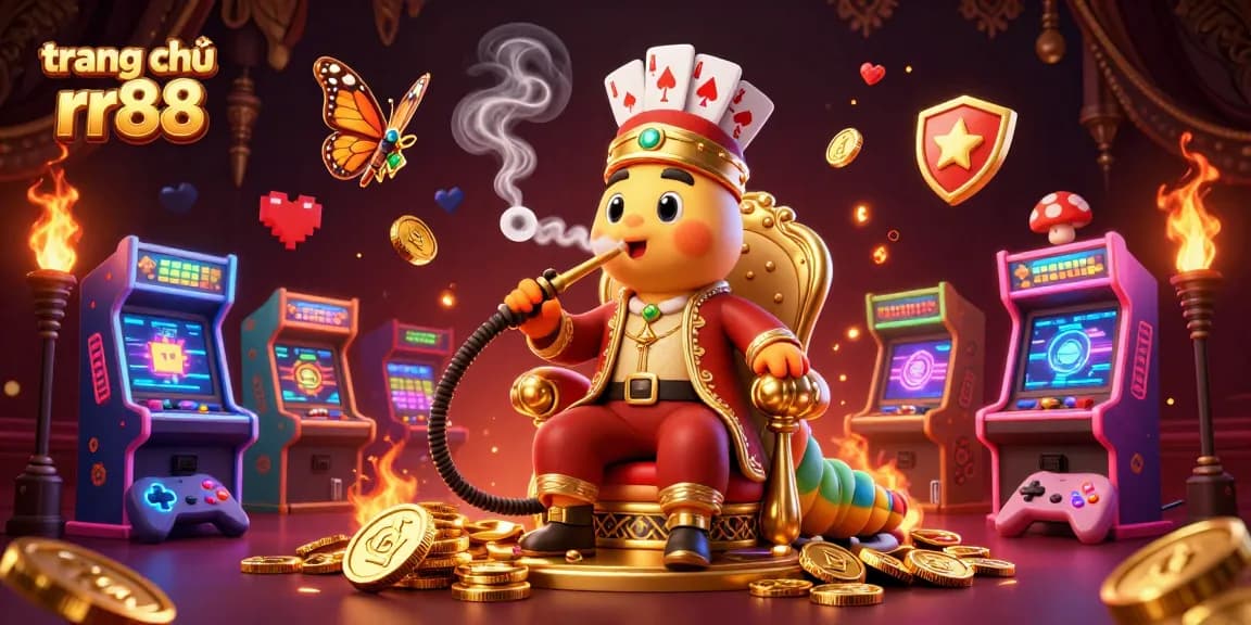 Experience excitement at trang chủ rr88 with a vibrant casino-themed illustration featuring a caterpillar hookah-master surrounded by colorful gaming elements.