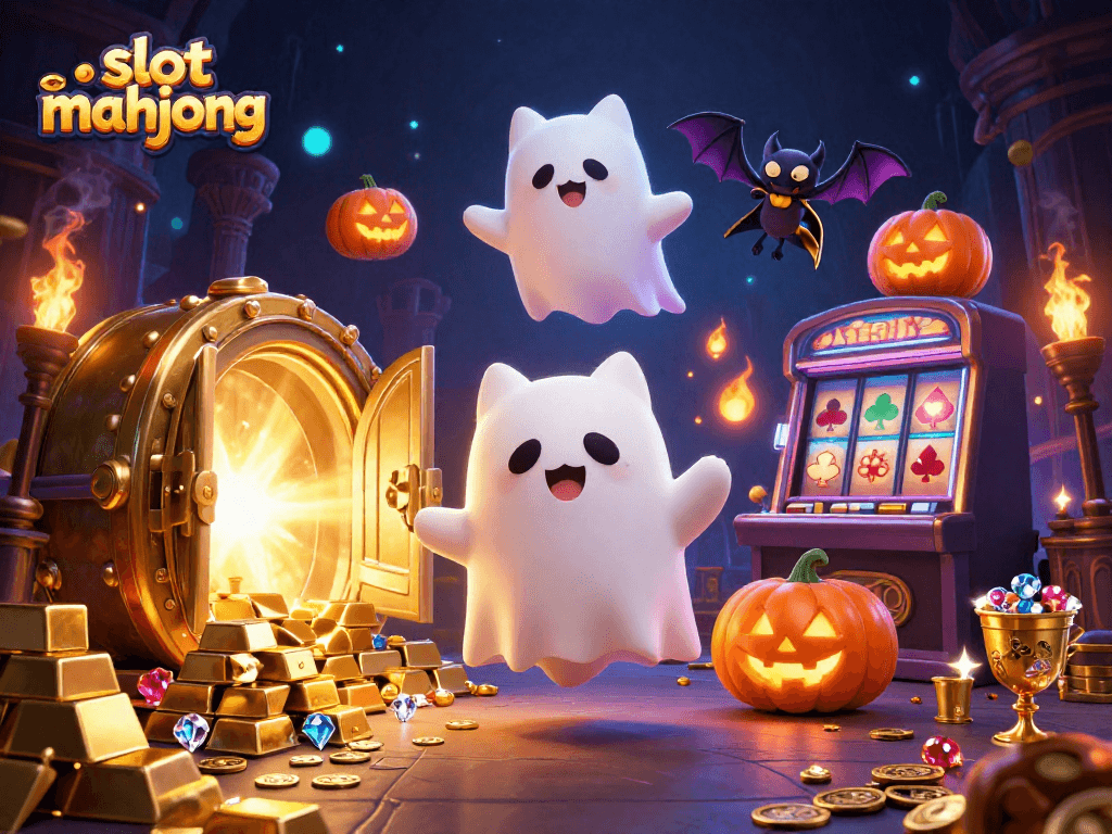 Experience exhilarating action in slot mahjong with a ghost cat and treasures amidst a haunted casino.
