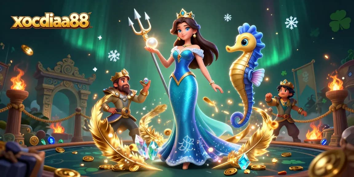 Experience thrilling gameplay at xocdiaa88 with a captivating undersea casino scene featuring a stunning woman and a seahorse king.